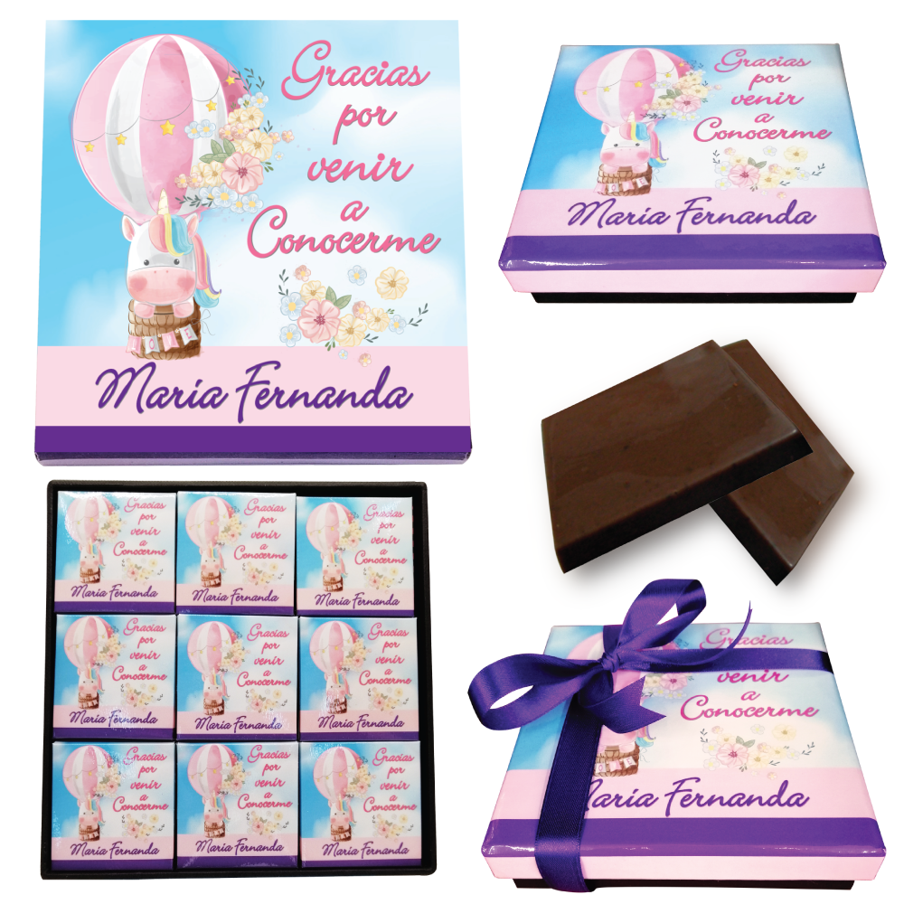 Caja Rígida con 27 Chocolates "Gracias por Venir a Conocerme". Diseño: Unicornio en Globo